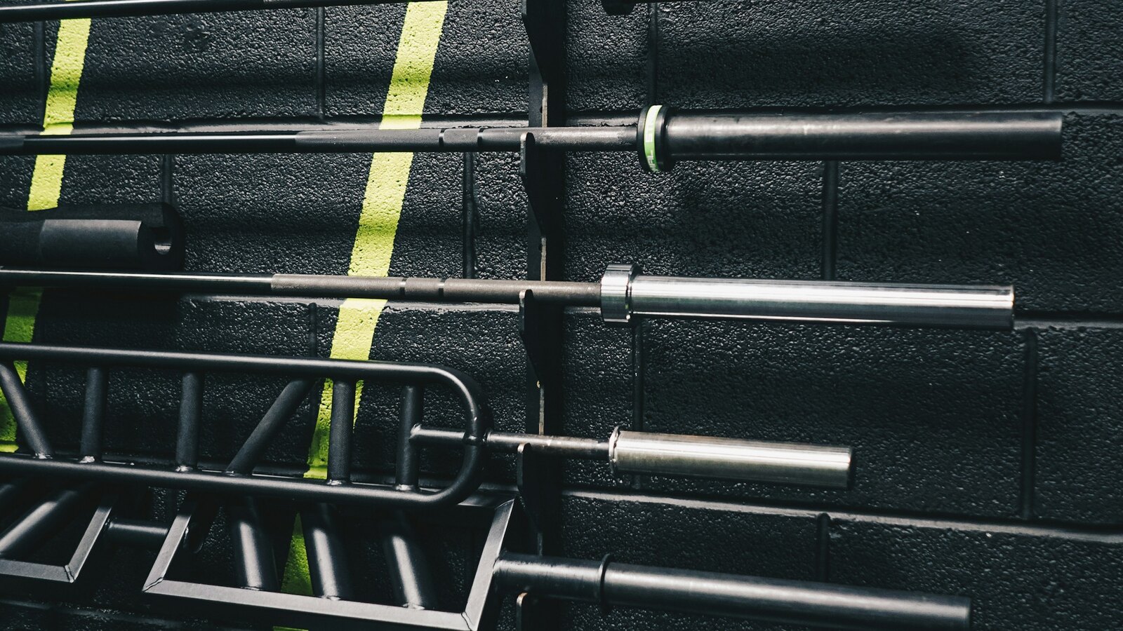 Rows of loaded barbells and weight plates on a gym rack